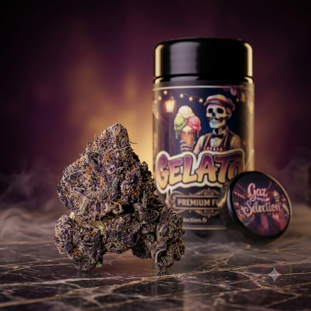 Fleur CBD Gelato 41 indoor — têtes violettes résineuses arômes sucrés | Gaz Selection CBD