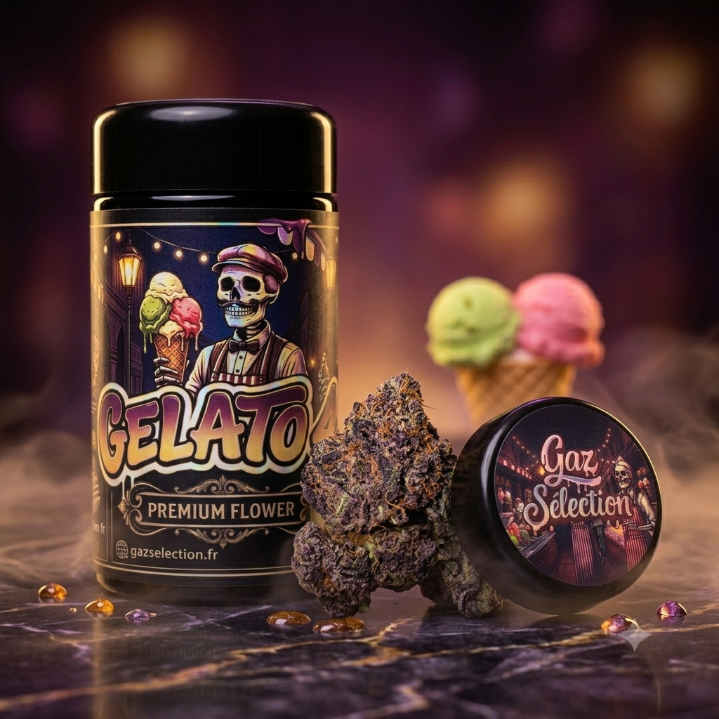 Fleur CBD Gelato 41 indoor — détail trichomes et résine | Gaz Selection CBD