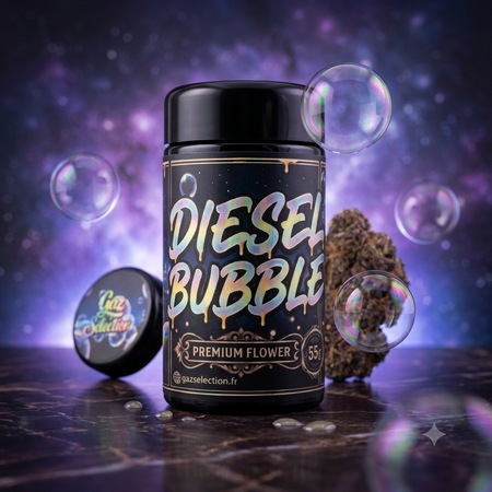 Fleur CBD Diesel Bubble indoor — détail résine et trichomes | Gaz Selection CBD